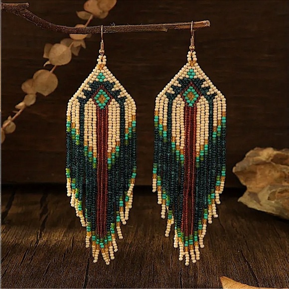 Bohemian Beaded Dangle Tassel Earrings, Tribal Design, Western, Boho, Fringe - Picture 4 of 5